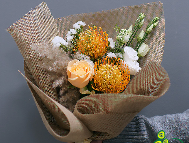 Bouquet with yellow Leucospermum 'Attraction' 2 photo